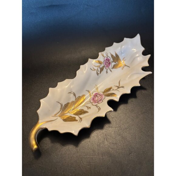Vintage Kalk White German Porcelain Leaf Dish Floral Gold Trim Floral 10.5" cros - Picture 8 of 11